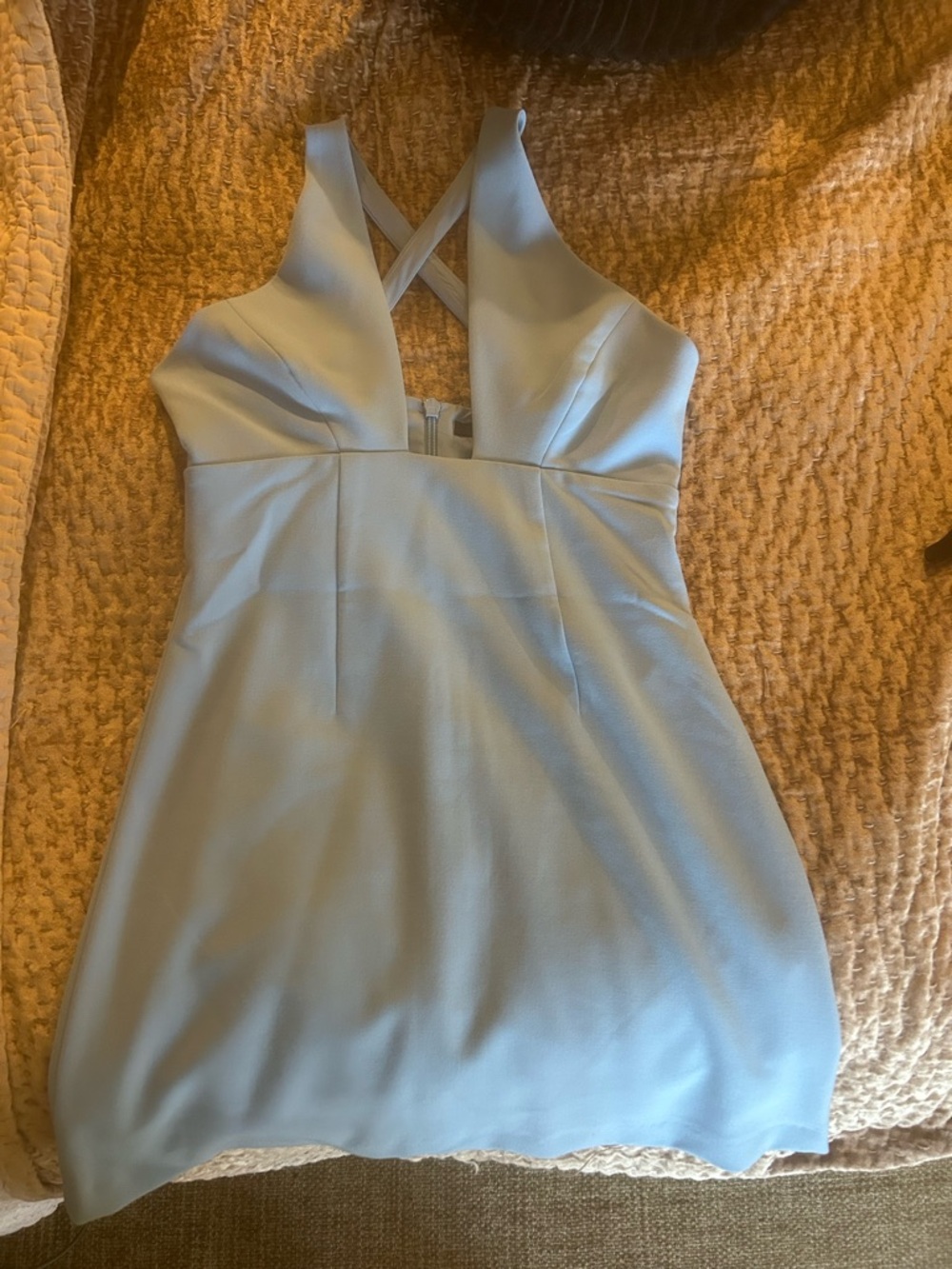 French Connection Pale Blue Halter Mini Dress with Cross Straps